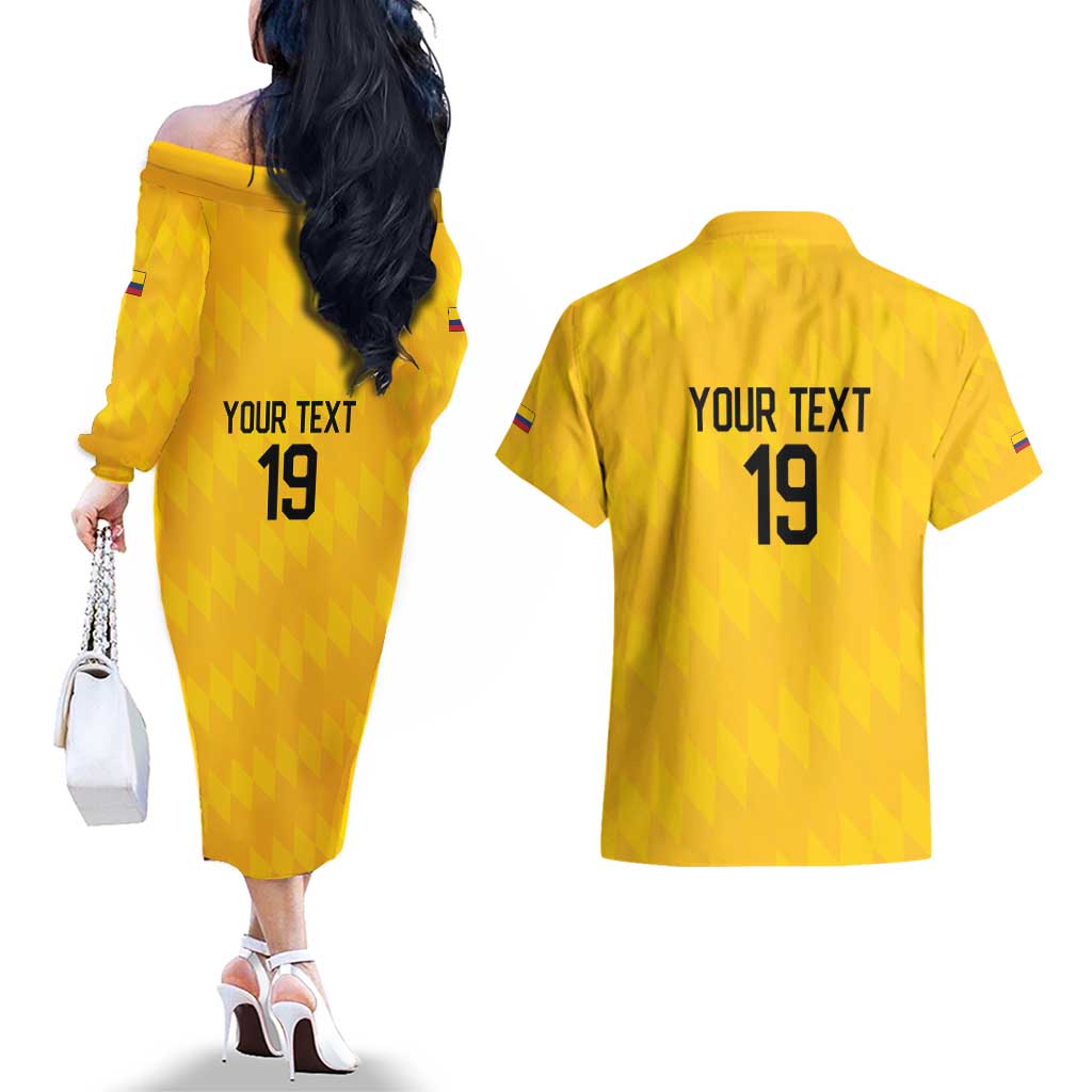 Custom World Football 2026 Colombia Couples Matching Off The Shoulder Long Sleeve Dress and Hawaiian Shirt Vamos Los Cafeteros - Wonder Print Shop
