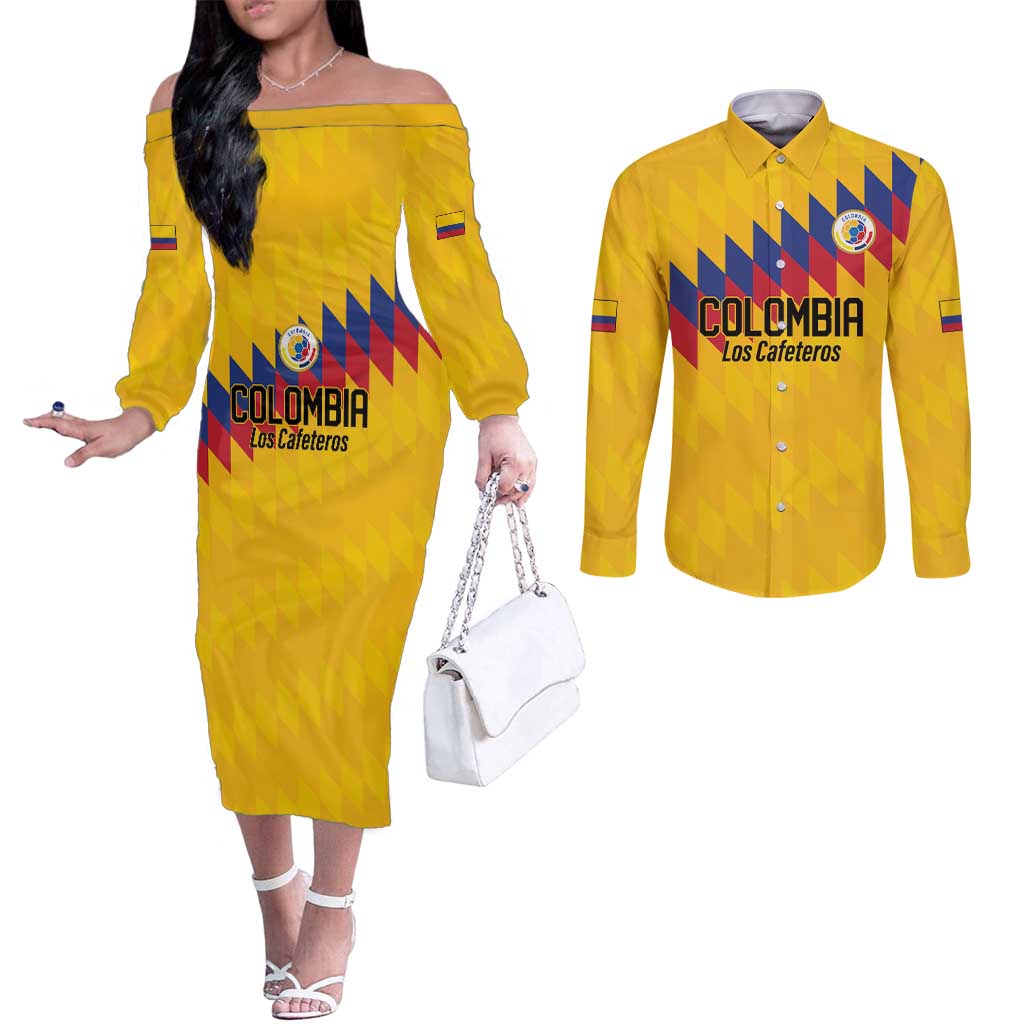 Custom World Football 2026 Colombia Couples Matching Off The Shoulder Long Sleeve Dress and Long Sleeve Button Shirt Vamos Los Cafeteros - Wonder Print Shop