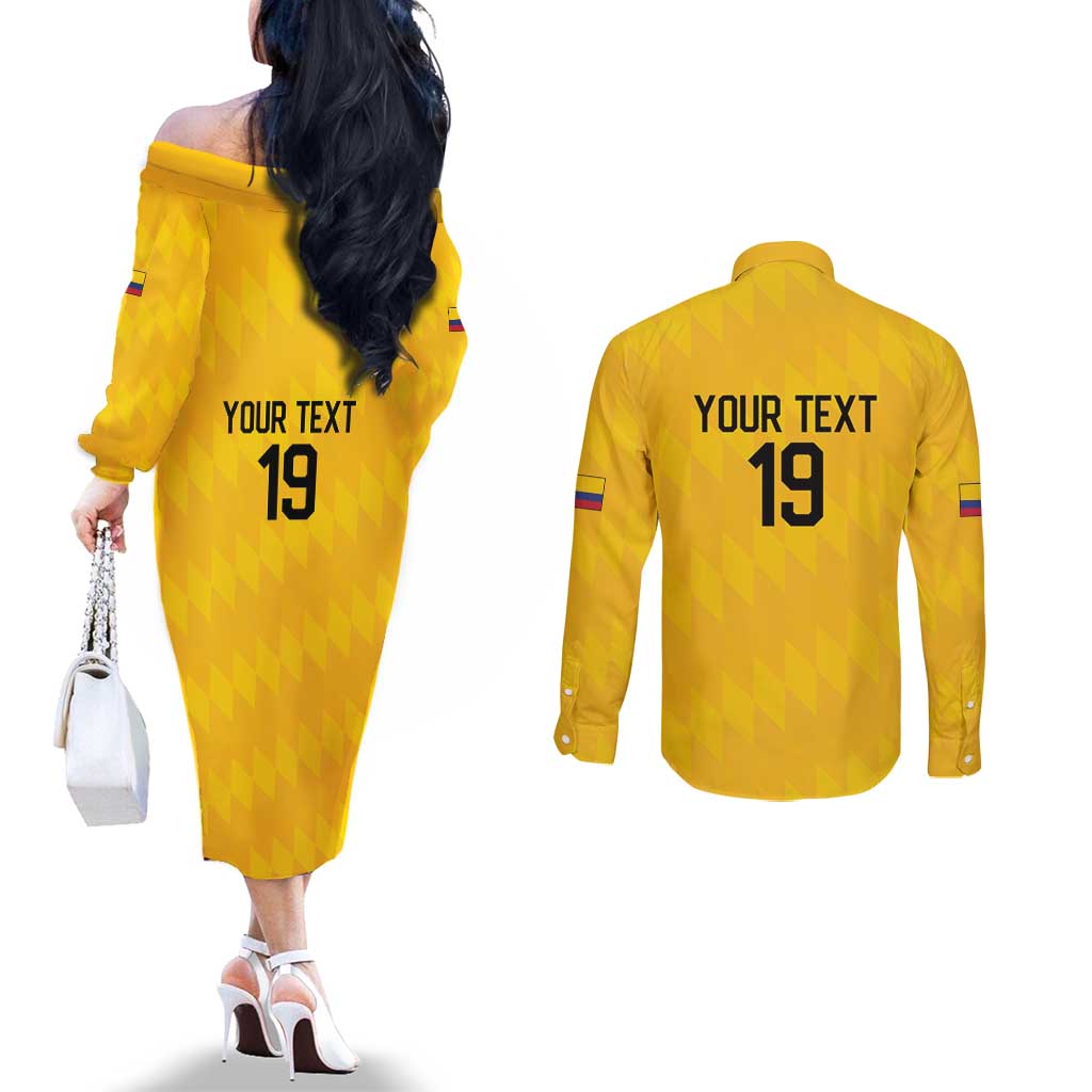 Custom World Football 2026 Colombia Couples Matching Off The Shoulder Long Sleeve Dress and Long Sleeve Button Shirt Vamos Los Cafeteros - Wonder Print Shop