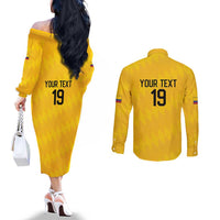 Custom World Football 2026 Colombia Couples Matching Off The Shoulder Long Sleeve Dress and Long Sleeve Button Shirt Vamos Los Cafeteros - Wonder Print Shop