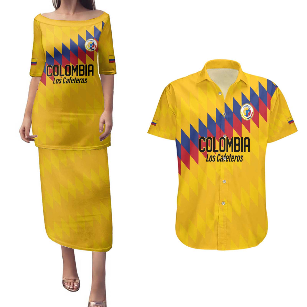 Custom World Football 2026 Colombia Couples Matching Puletasi and Hawaiian Shirt Vamos Los Cafeteros - Wonder Print Shop