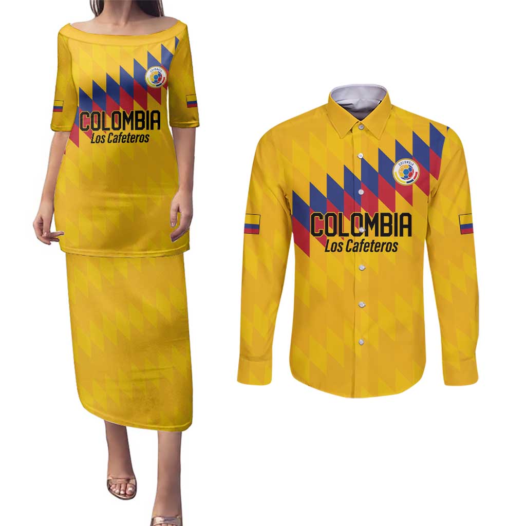 Custom World Football 2026 Colombia Couples Matching Puletasi and Long Sleeve Button Shirt Vamos Los Cafeteros - Wonder Print Shop
