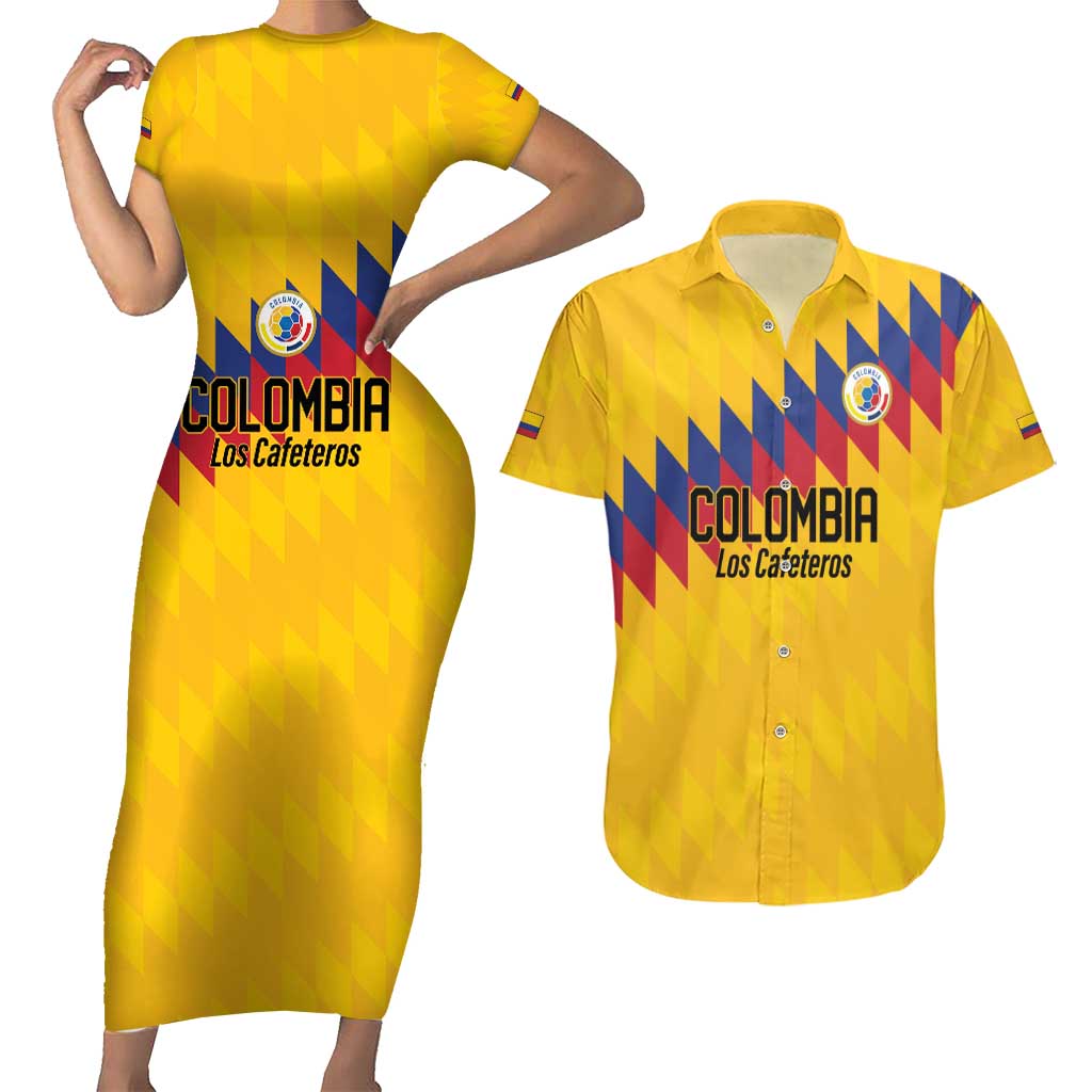 Custom World Football 2026 Colombia Couples Matching Short Sleeve Bodycon Dress and Hawaiian Shirt Vamos Los Cafeteros - Wonder Print Shop