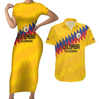 Custom World Football 2026 Colombia Couples Matching Short Sleeve Bodycon Dress and Hawaiian Shirt Vamos Los Cafeteros - Wonder Print Shop