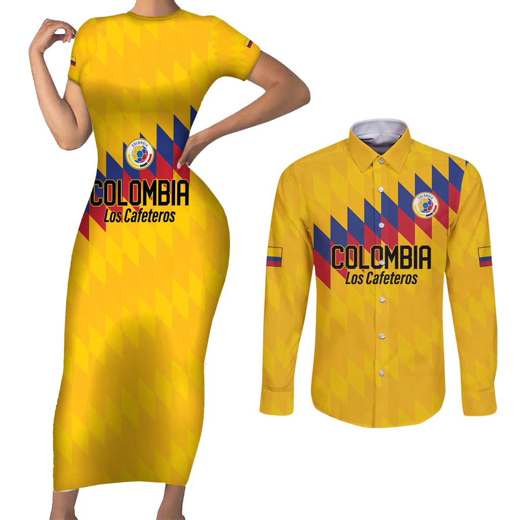 Custom World Football 2026 Colombia Couples Matching Short Sleeve Bodycon Dress and Long Sleeve Button Shirt Vamos Los Cafeteros - Wonder Print Shop