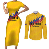 Custom World Football 2026 Colombia Couples Matching Short Sleeve Bodycon Dress and Long Sleeve Button Shirt Vamos Los Cafeteros - Wonder Print Shop