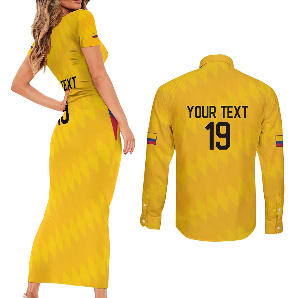 Custom World Football 2026 Colombia Couples Matching Short Sleeve Bodycon Dress and Long Sleeve Button Shirt Vamos Los Cafeteros - Wonder Print Shop