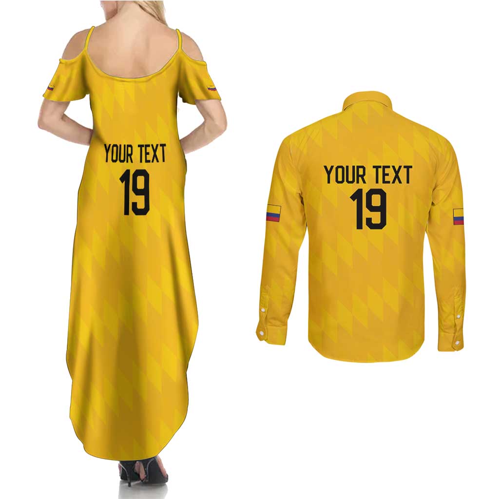 Custom World Football 2026 Colombia Couples Matching Summer Maxi Dress and Long Sleeve Button Shirt Vamos Los Cafeteros - Wonder Print Shop