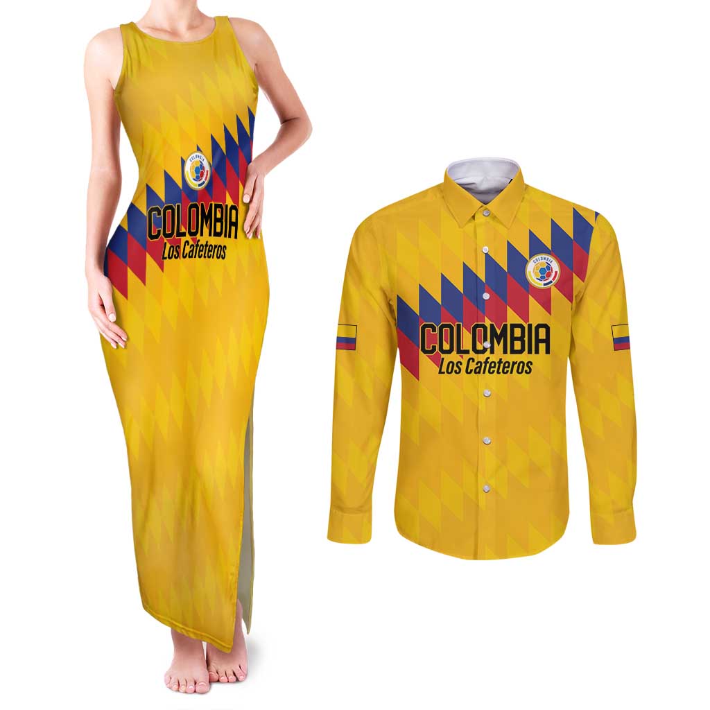 Custom World Football 2026 Colombia Couples Matching Tank Maxi Dress and Long Sleeve Button Shirt Vamos Los Cafeteros - Wonder Print Shop