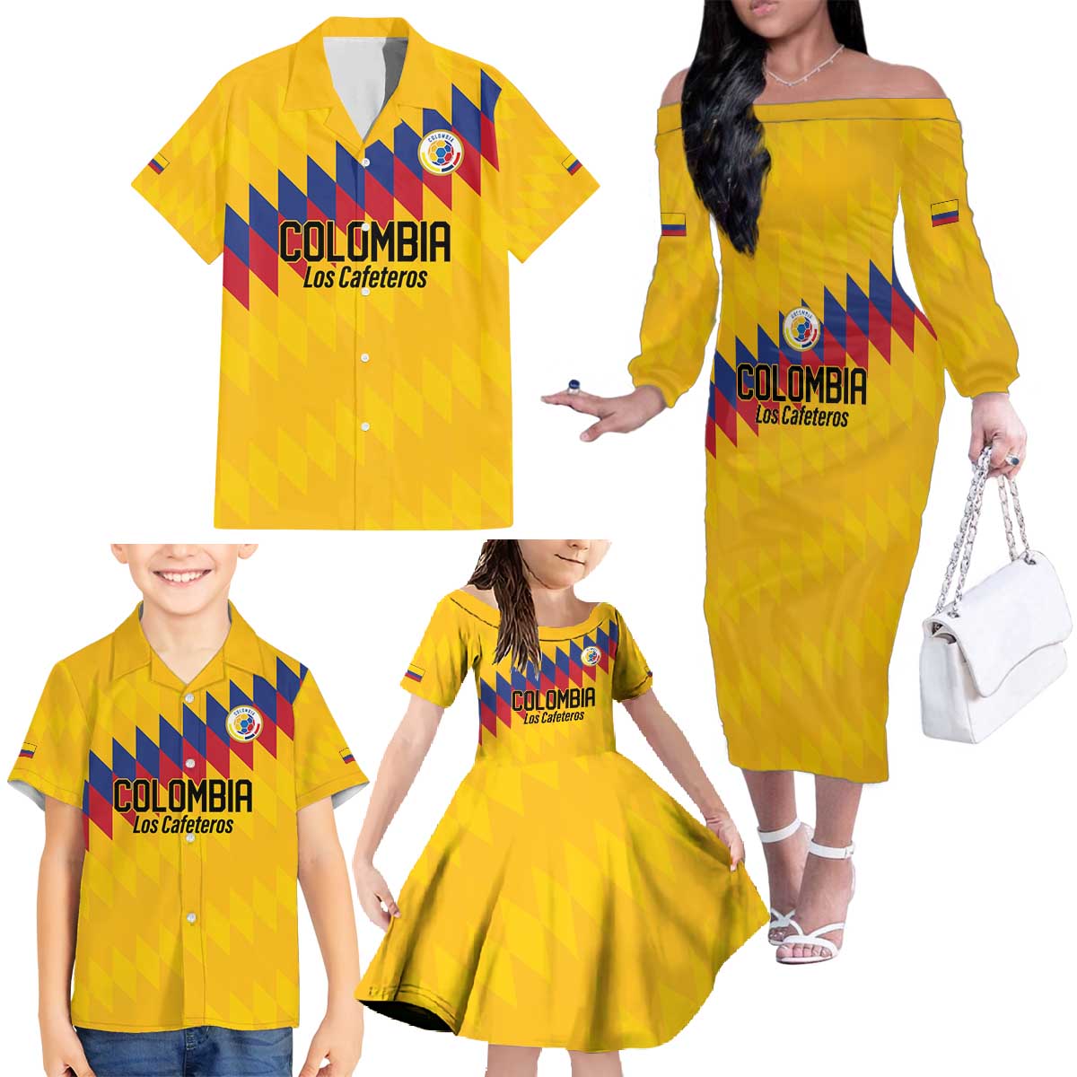 Custom World Football 2026 Colombia Family Matching Off The Shoulder Long Sleeve Dress and Hawaiian Shirt Vamos Los Cafeteros - Wonder Print Shop