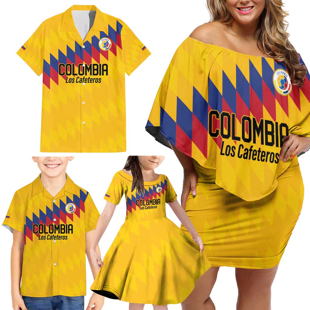 Custom World Football 2026 Colombia Family Matching Off Shoulder Short Dress and Hawaiian Shirt Vamos Los Cafeteros - Wonder Print Shop