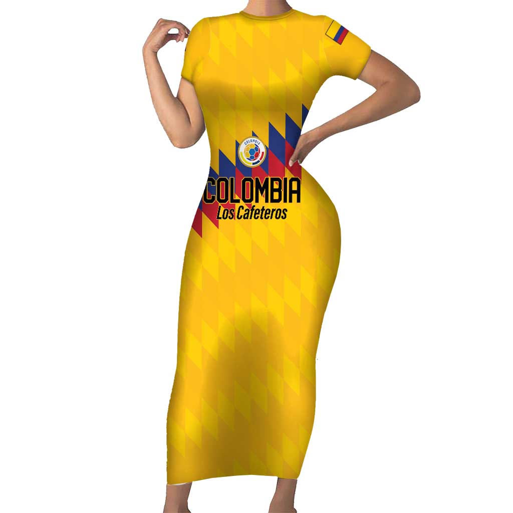 Custom World Football 2026 Colombia Short Sleeve Bodycon Dress Vamos Los Cafeteros - Wonder Print Shop