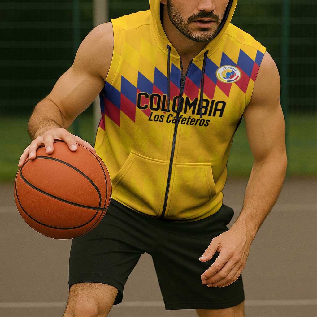 Custom World Football 2026 Colombia Sleeveless Zip Hoodie Vamos Los Cafeteros - Wonder Print Shop