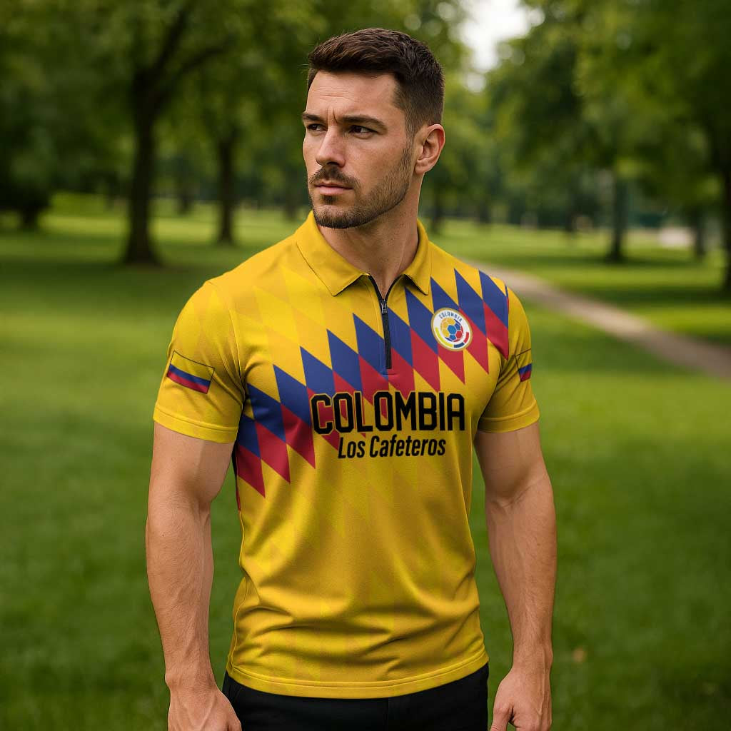 Custom World Football 2026 Colombia Zipper Polo Shirt Vamos Los Cafeteros - Wonder Print Shop