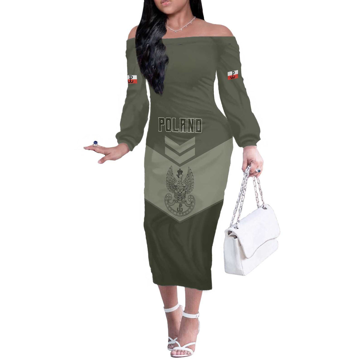 Personalized Poland Home Army Off The Shoulder Long Sleeve Dress Armia Krajowa Military Eagle Chevron Design