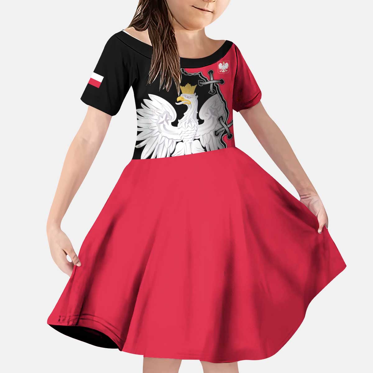 Poland White Eagle Kid Short Sleeve Dress Polish National Coat of Arms Design
