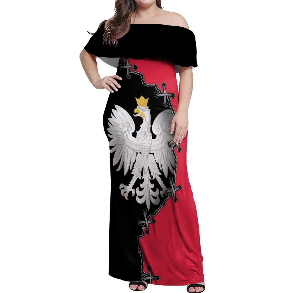 Poland White Eagle Off Shoulder Maxi Dress Polish National Coat of Arms Design