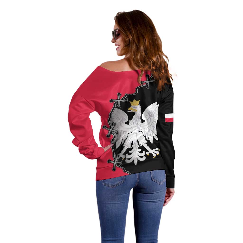 Poland White Eagle Off Shoulder Sweater Polish National Coat of Arms Design