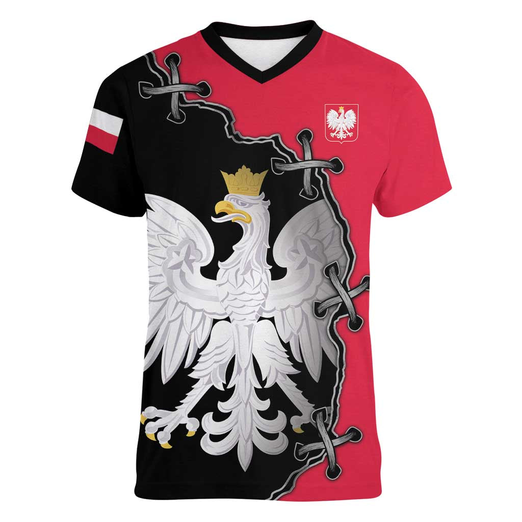 Poland White Eagle Women V-Neck T-Shirt Polish National Coat of Arms Design