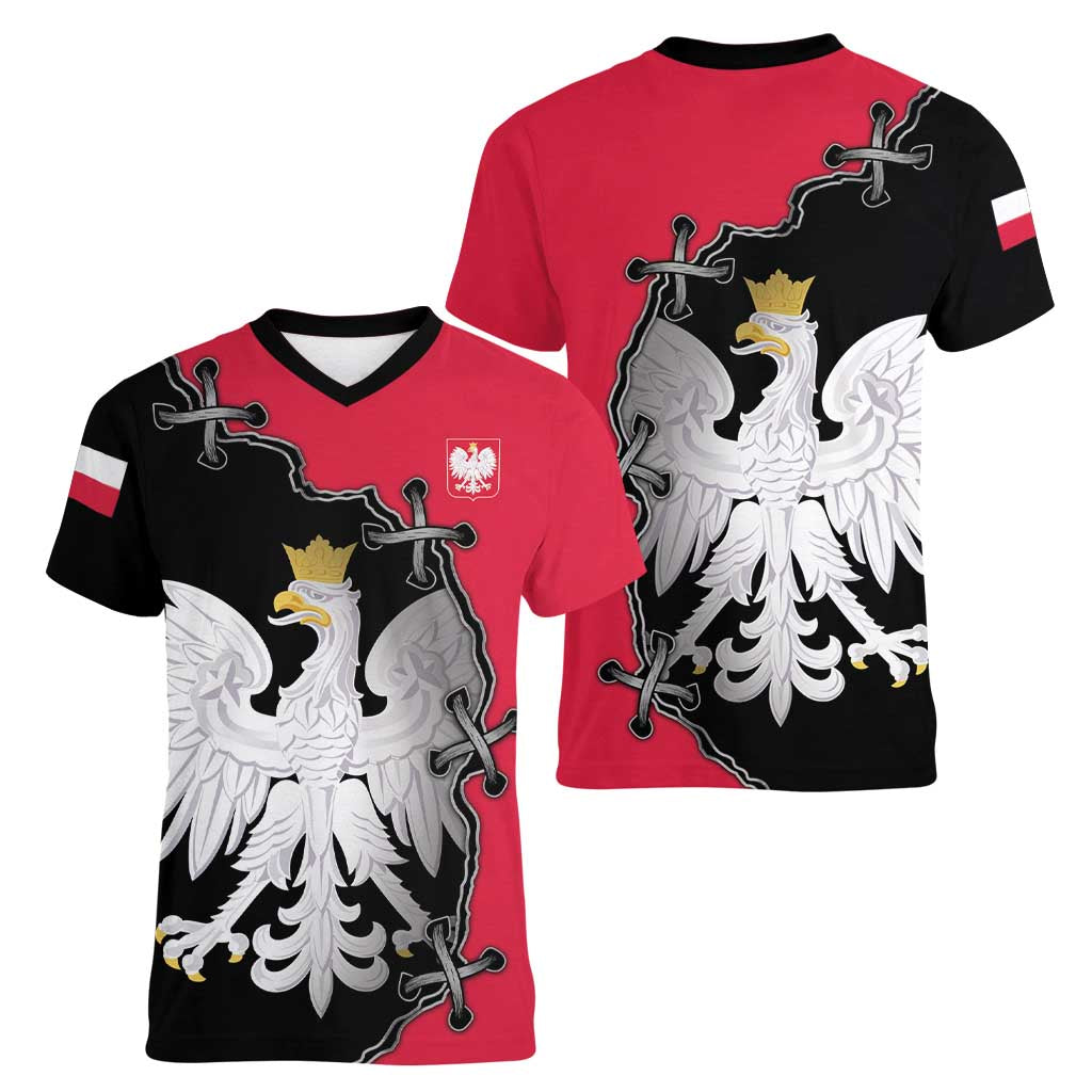 Poland White Eagle Women V-Neck T-Shirt Polish National Coat of Arms Design