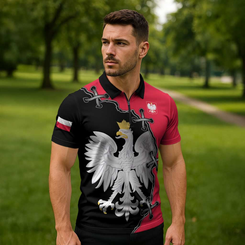 Poland White Eagle Zipper Polo Shirt Polish National Coat of Arms Design