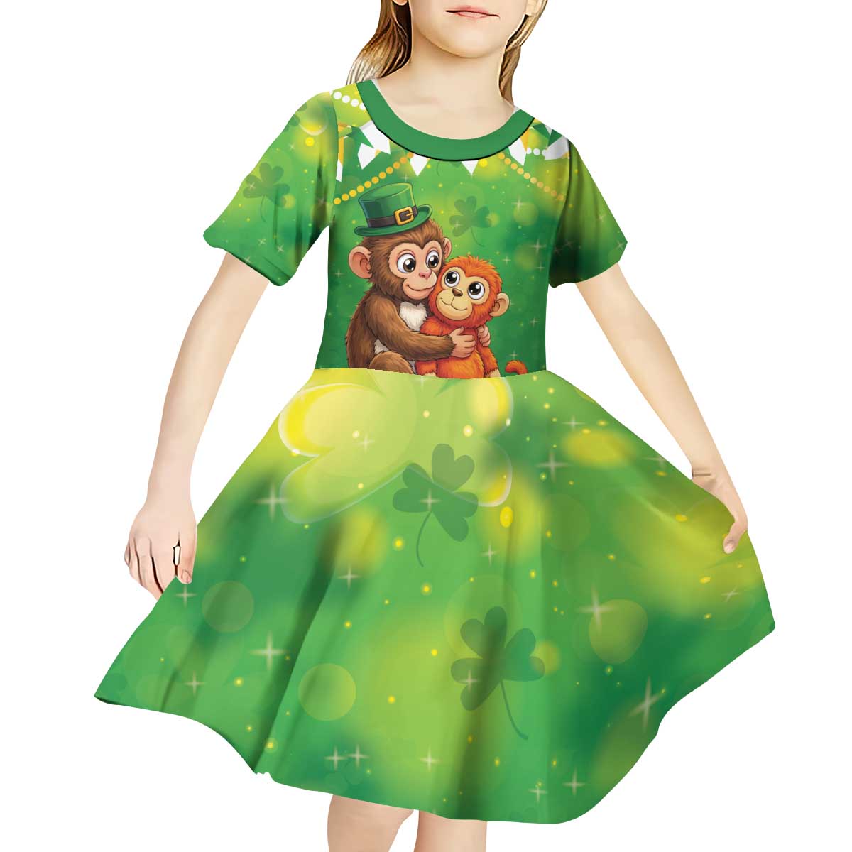 Punch The Monkey St Patrick’s Day Kid Short Sleeve Dress Lucky Baby Monkey