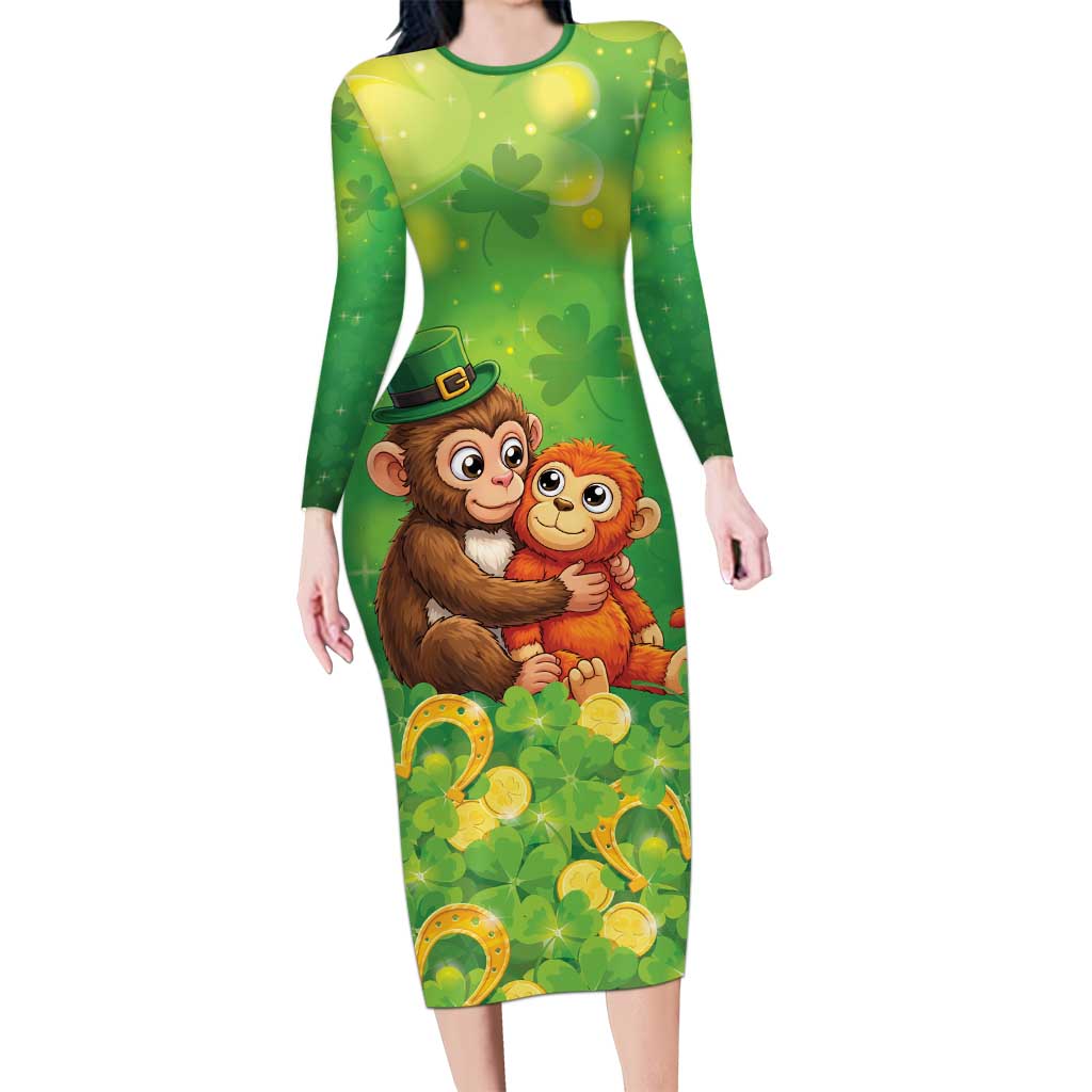 Punch The Monkey St Patrick’s Day Long Sleeve Bodycon Dress Lucky Baby Monkey