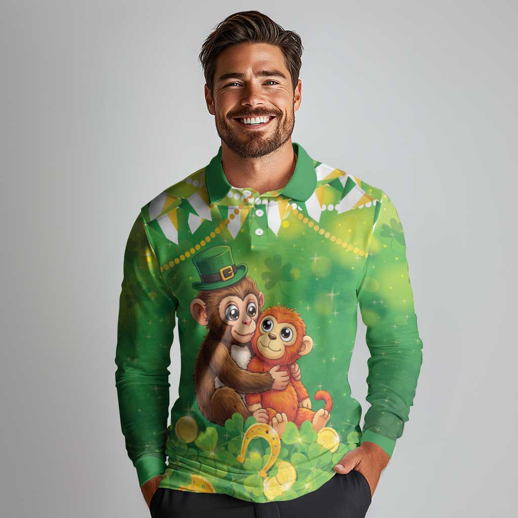 Punch The Monkey St Patrick’s Day Long Sleeve Polo Shirt Lucky Baby Monkey