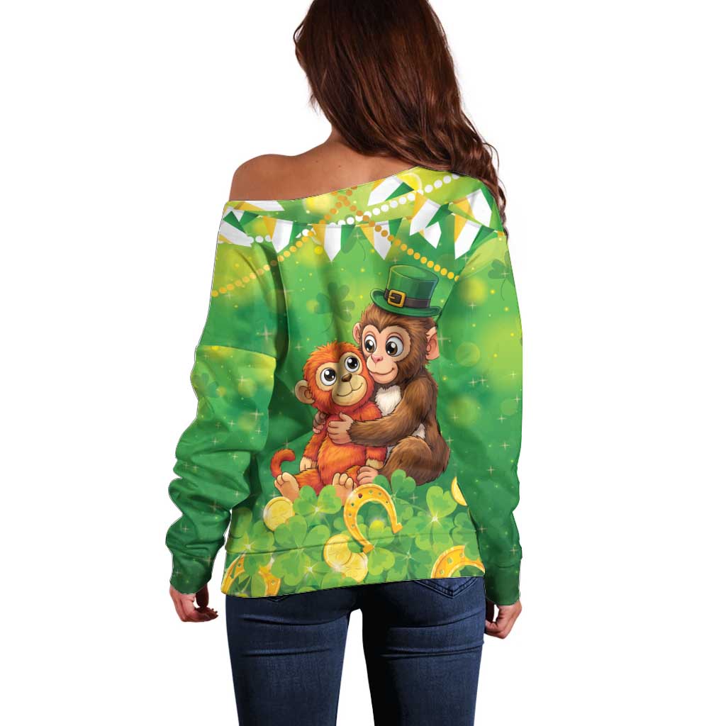 Punch The Monkey St Patrick’s Day Off Shoulder Sweater Lucky Baby Monkey