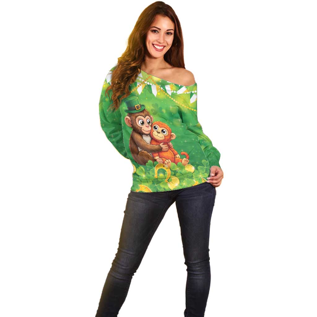 Punch The Monkey St Patrick’s Day Off Shoulder Sweater Lucky Baby Monkey