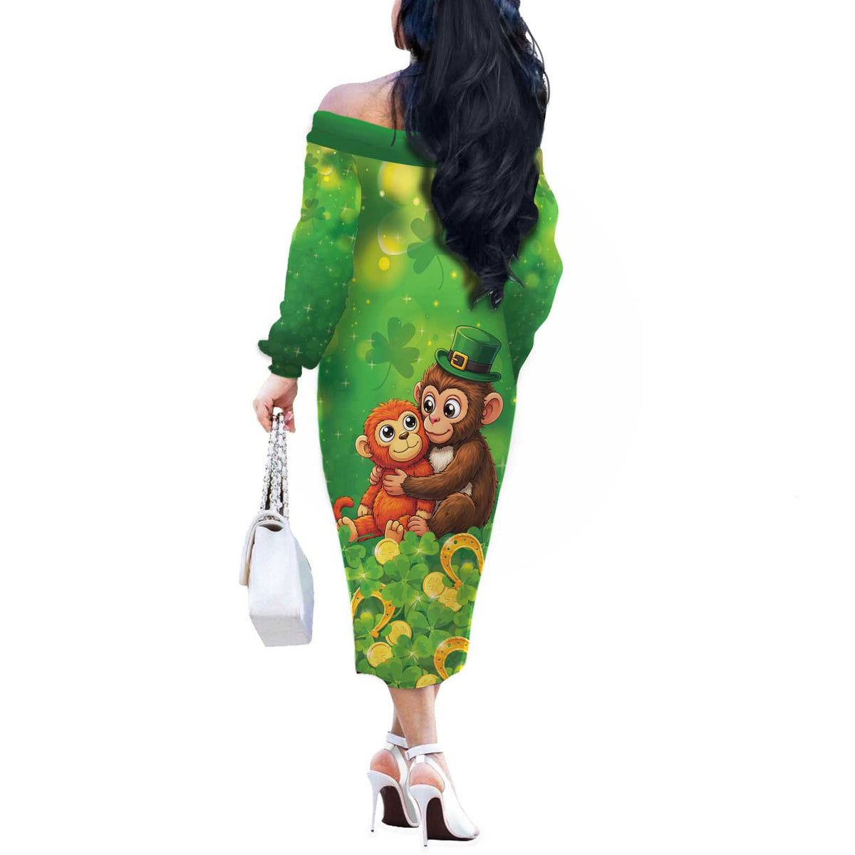 Punch The Monkey St Patrick’s Day Off The Shoulder Long Sleeve Dress Lucky Baby Monkey