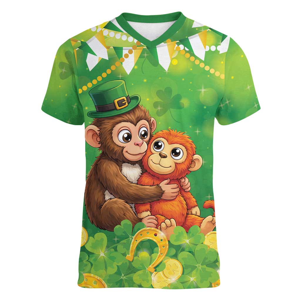 Punch The Monkey St Patrick’s Day Women V-Neck T-Shirt Lucky Baby Monkey