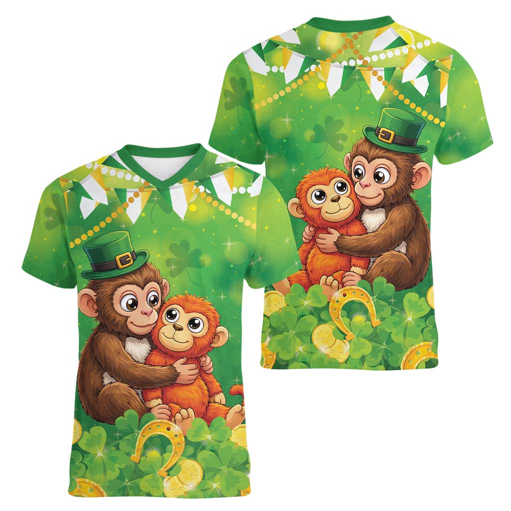 Punch The Monkey St Patrick’s Day Women V-Neck T-Shirt Lucky Baby Monkey