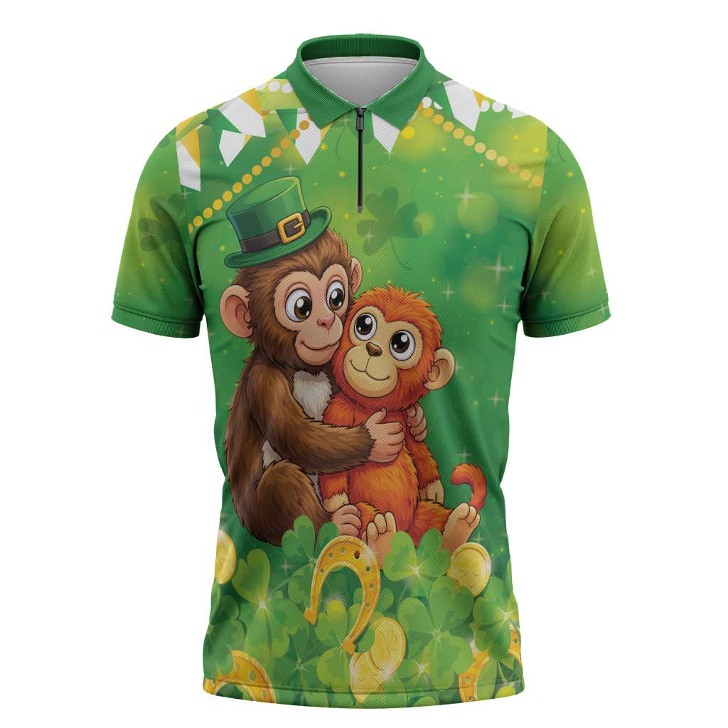 Punch The Monkey St Patrick’s Day Zipper Polo Shirt Lucky Baby Monkey