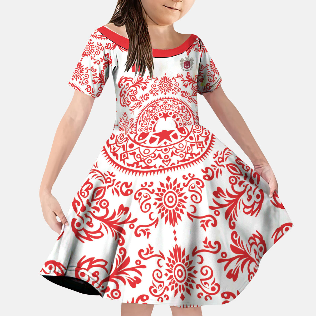 Custom World Football 2026 Turkey Kid Short Sleeve Dress Crescent Stars Ottoman Baroque Red Version