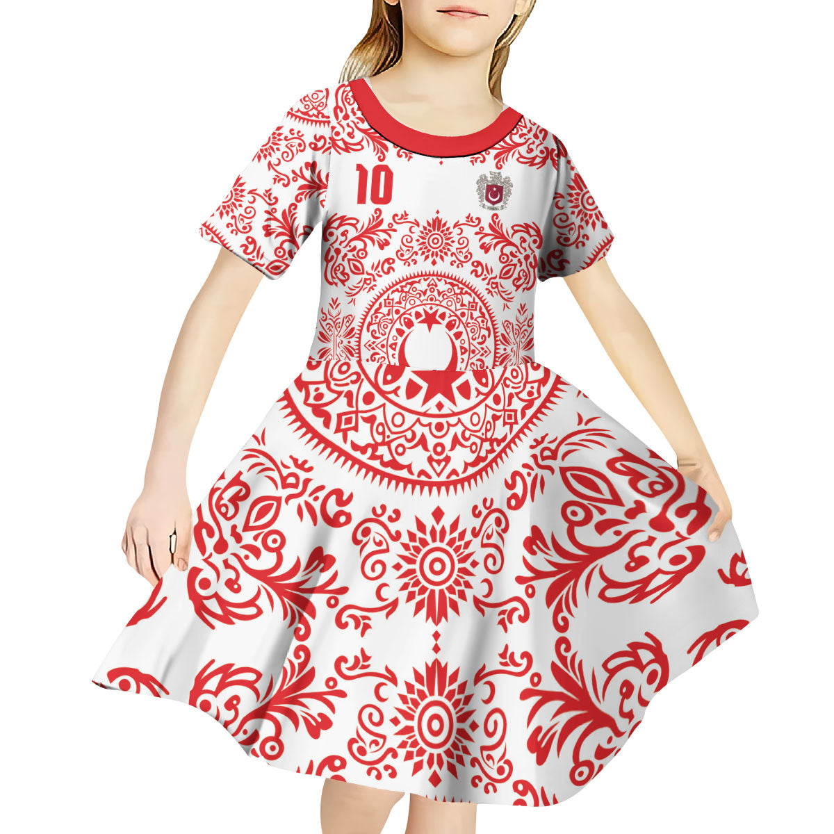 Custom World Football 2026 Turkey Kid Short Sleeve Dress Crescent Stars Ottoman Baroque Red Version