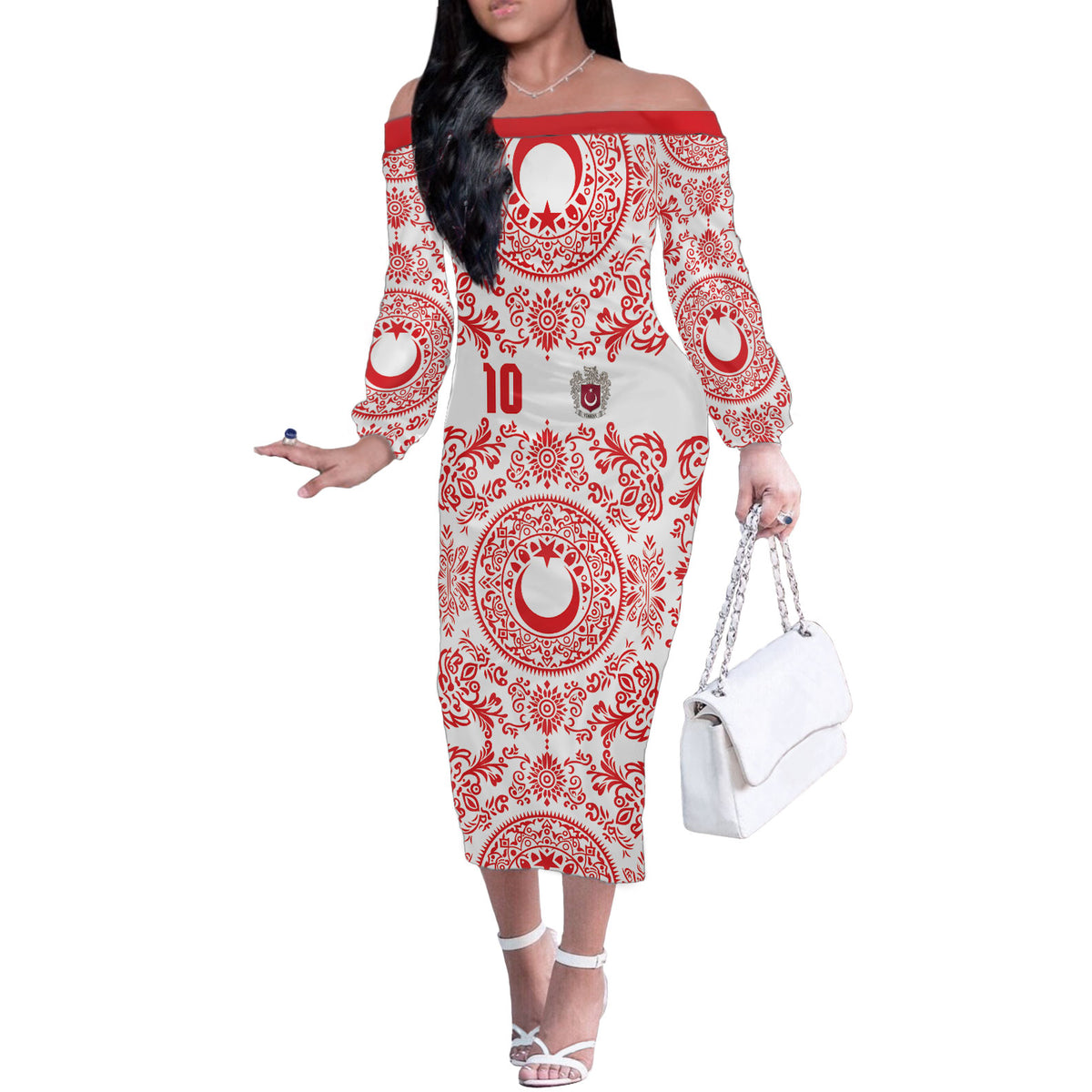 Custom World Football 2026 Turkey Off The Shoulder Long Sleeve Dress Crescent Stars Ottoman Baroque Red Version