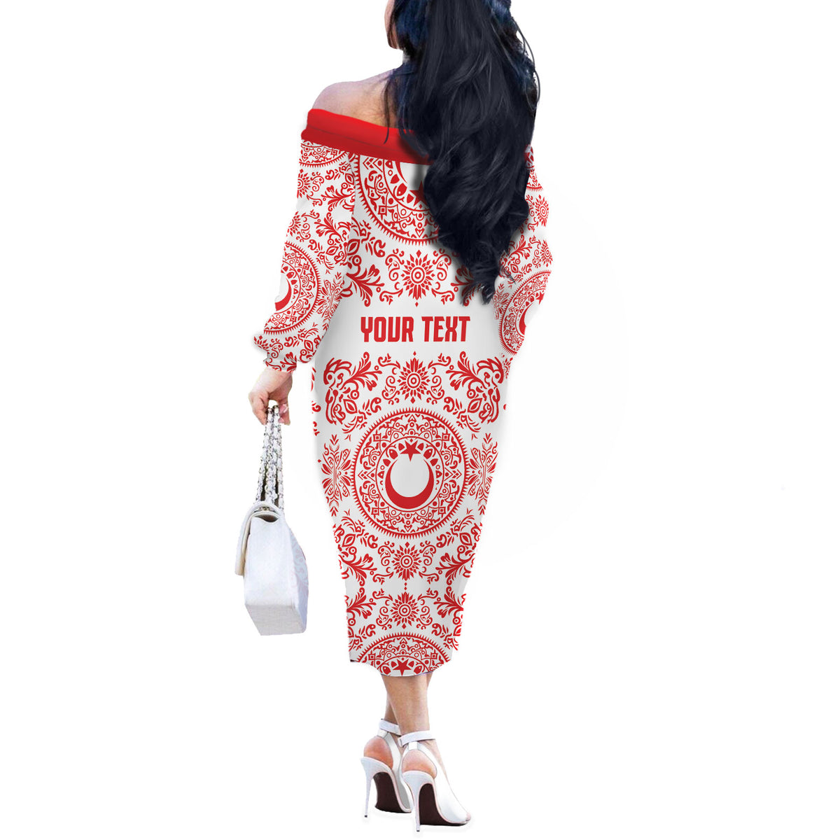 Custom World Football 2026 Turkey Off The Shoulder Long Sleeve Dress Crescent Stars Ottoman Baroque Red Version