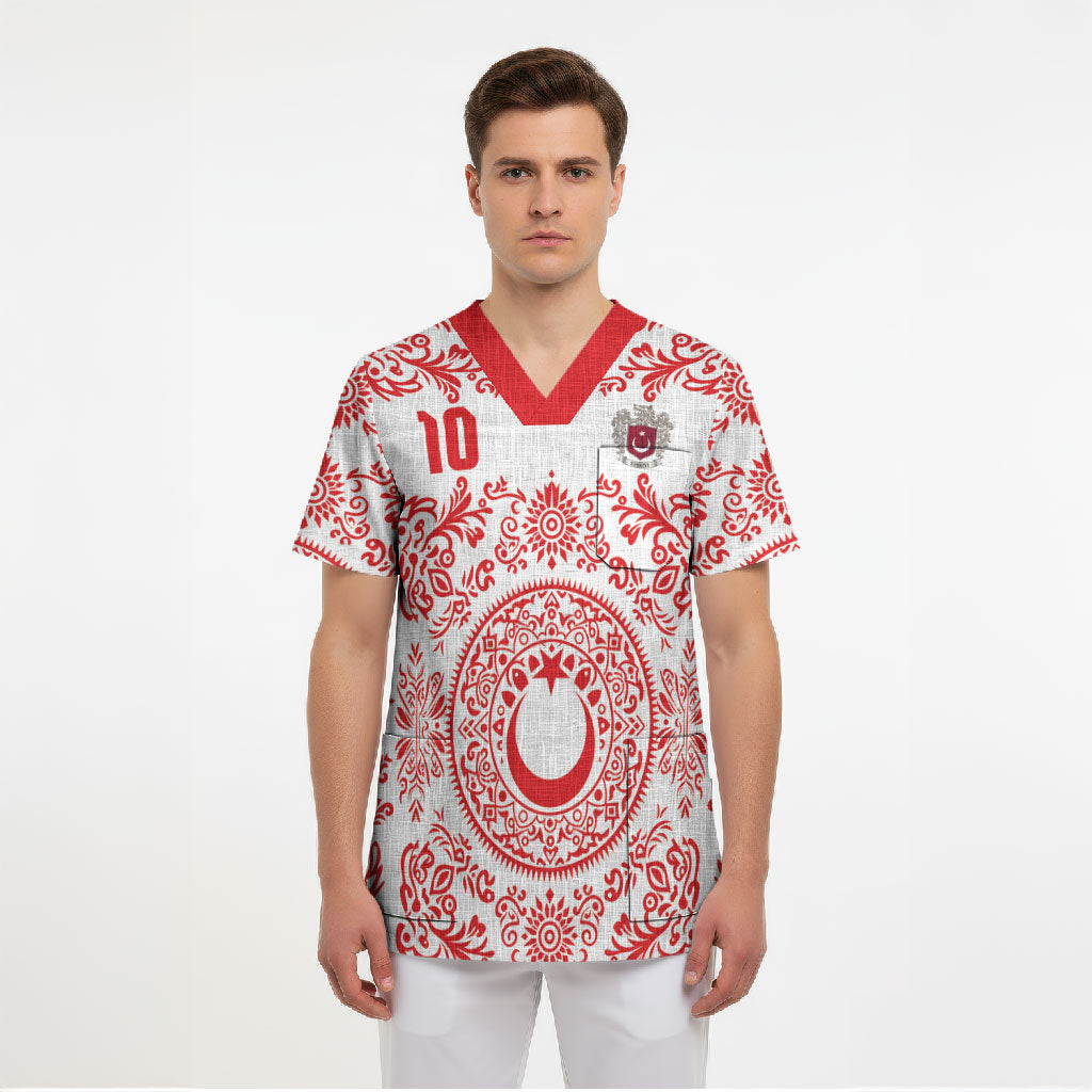 Custom World Football 2026 Turkey Scrub Top Crescent Stars Ottoman Baroque Red Version
