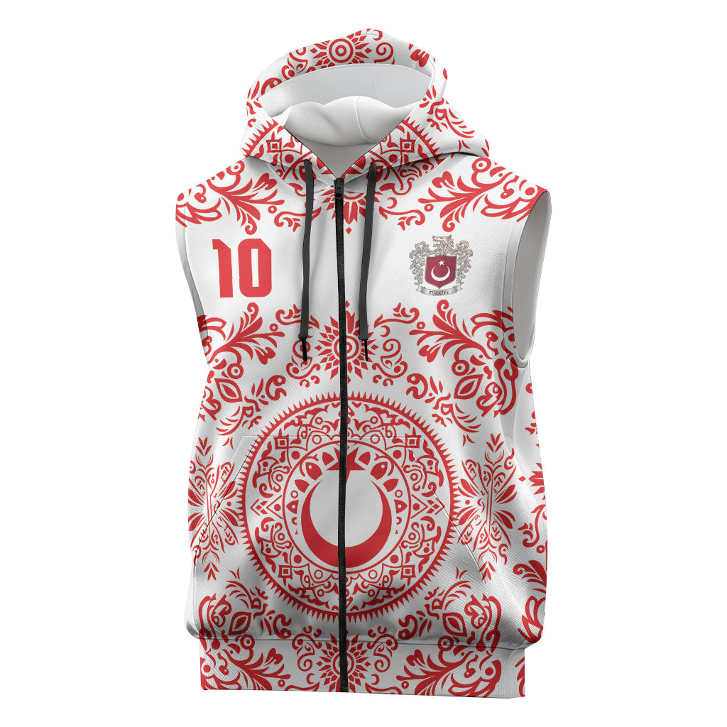 Custom World Football 2026 Turkey Sleeveless Zip Hoodie Crescent Stars Ottoman Baroque Red Version