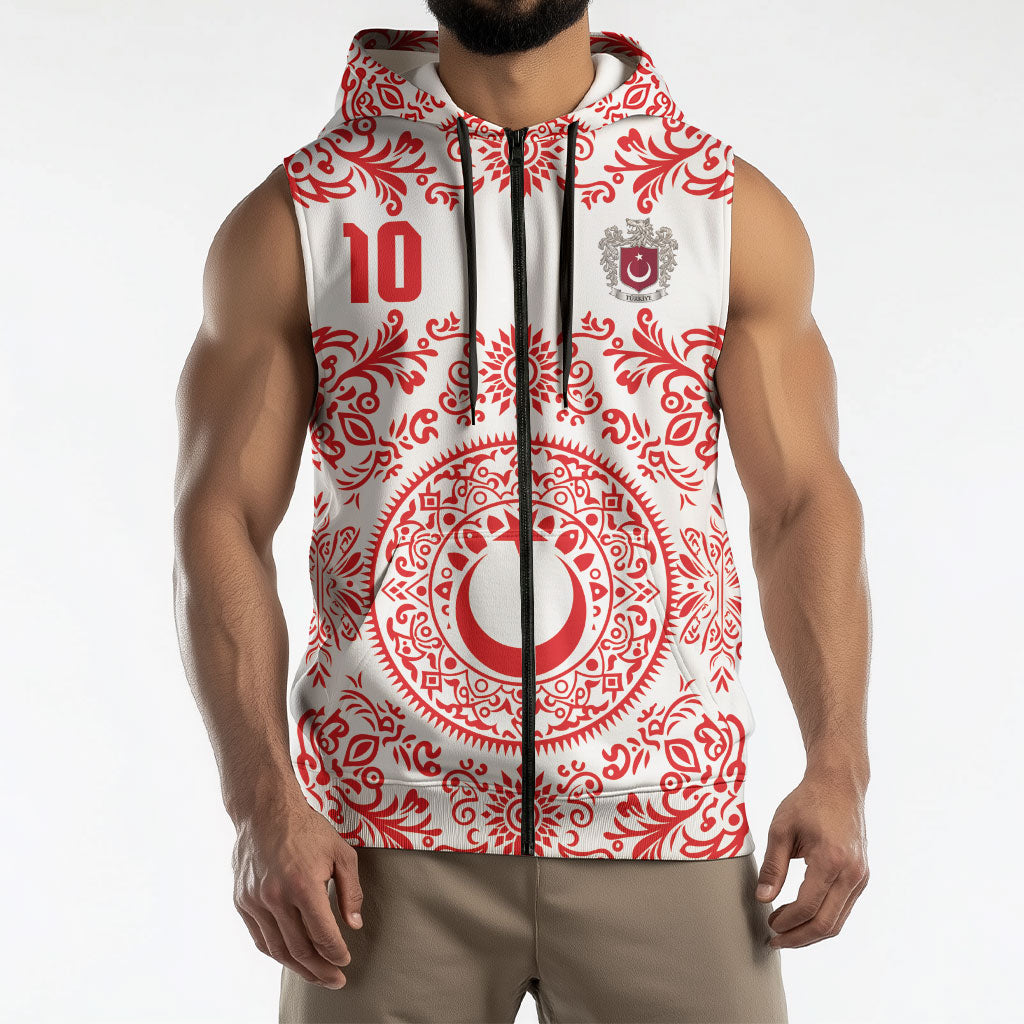 Custom World Football 2026 Turkey Sleeveless Zip Hoodie Crescent Stars Ottoman Baroque Red Version