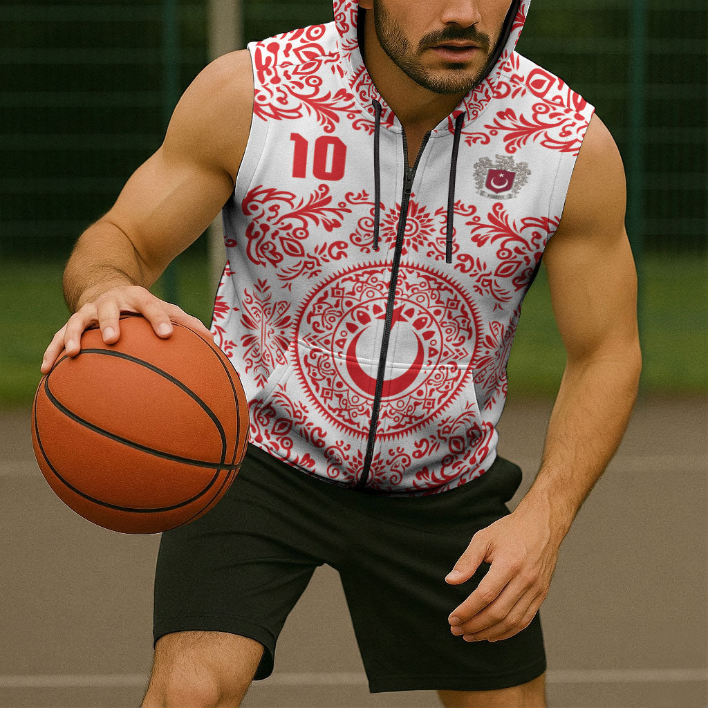 Custom World Football 2026 Turkey Sleeveless Zip Hoodie Crescent Stars Ottoman Baroque Red Version
