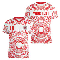Custom World Football 2026 Turkey Women V-Neck T-Shirt Crescent Stars Ottoman Baroque Red Version