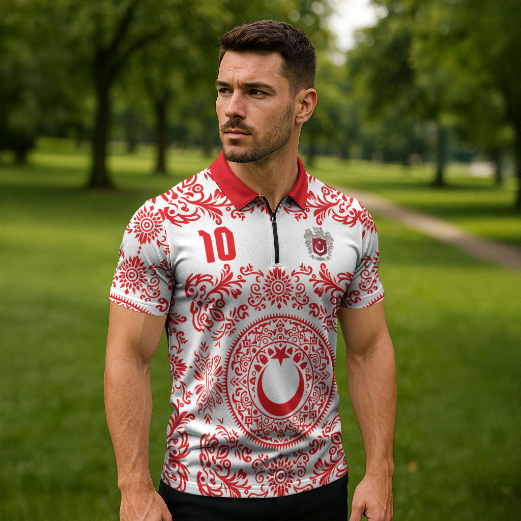 Custom World Football 2026 Turkey Zipper Polo Shirt Crescent Stars Ottoman Baroque Red Version