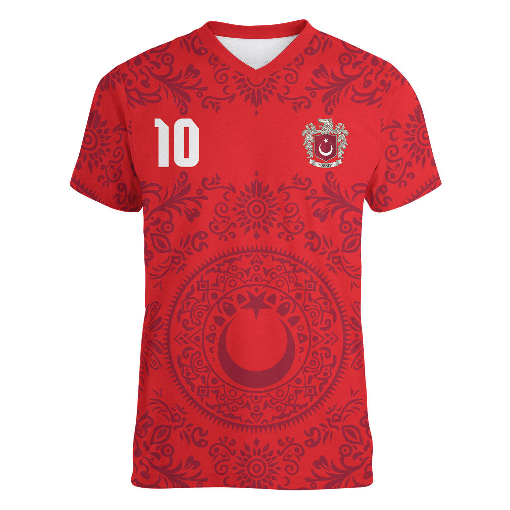 Custom World Football 2026 Turkey Women V-Neck T-Shirt Crescent Stars Ottoman Baroque Pride