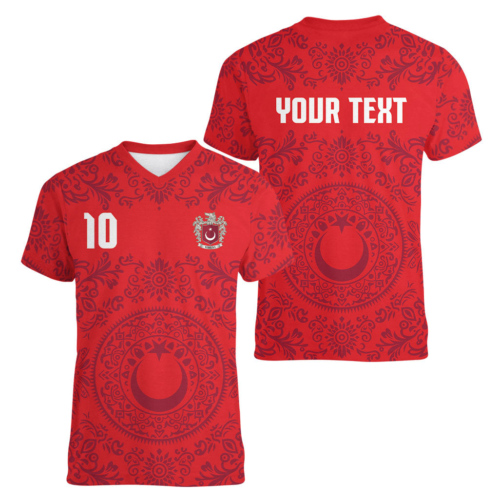 Custom World Football 2026 Turkey Women V-Neck T-Shirt Crescent Stars Ottoman Baroque Pride