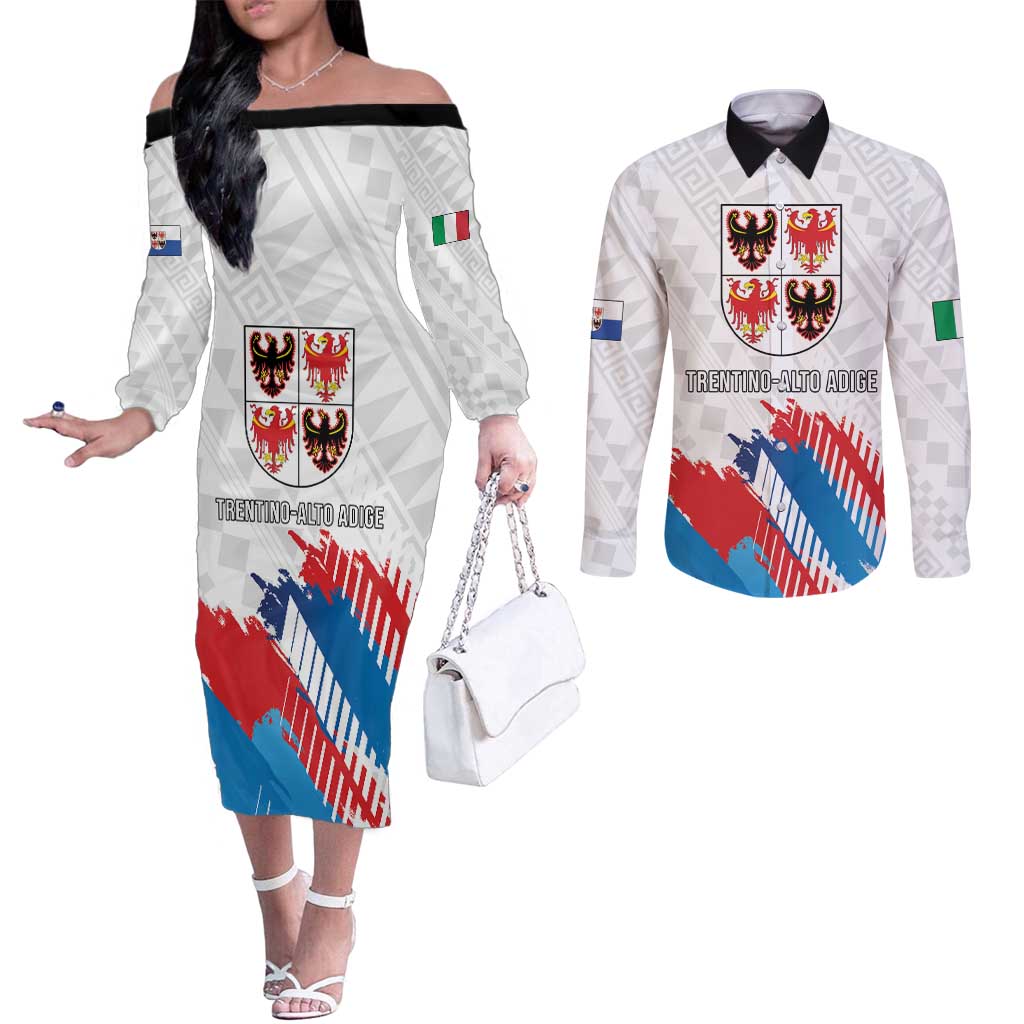 Personalized Italy Trentino-Alto Adige Couples Matching Off The Shoulder Long Sleeve Dress and Long Sleeve Button Shirt Flag Style - Wonder Print Shop