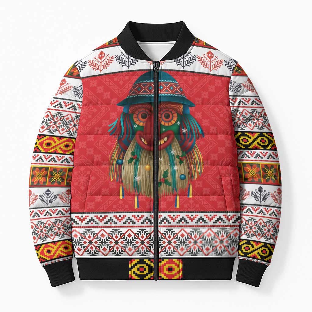 Personalized Romania Christmas Bomber Puffer Jacket Romanian Folk Mask - Wonder Print Shop