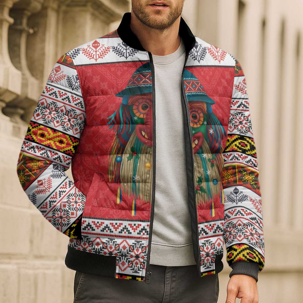 Personalized Romania Christmas Bomber Puffer Jacket Romanian Folk Mask - Wonder Print Shop