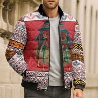 Personalized Romania Christmas Bomber Puffer Jacket Romanian Folk Mask - Wonder Print Shop